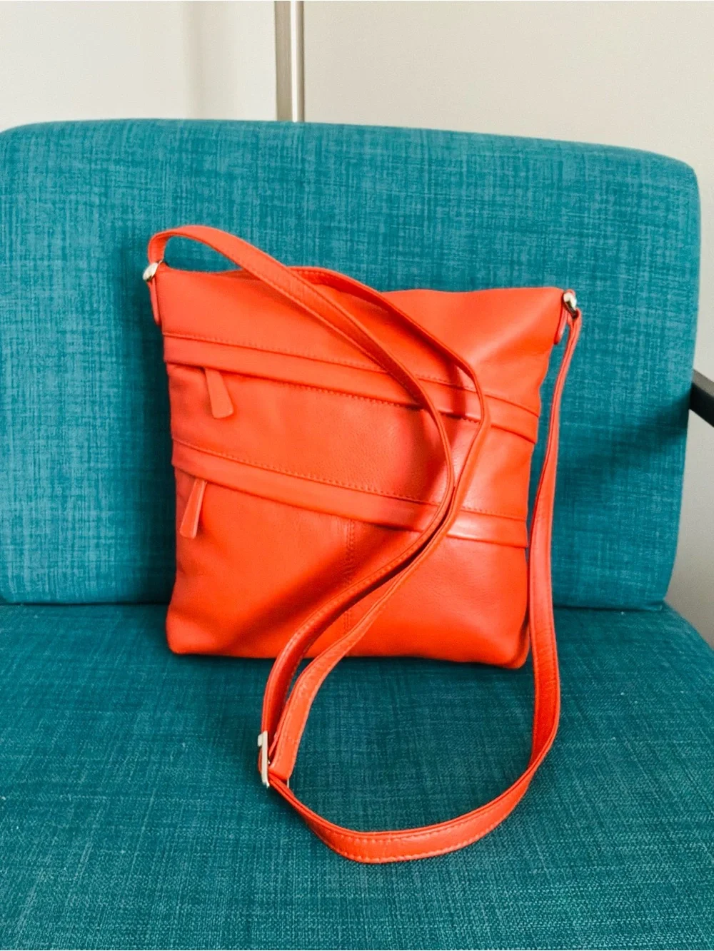 ili New York Double Zip Genuine Leather Organizer Crossbody Bag-Vibrant Orange